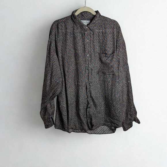 Cote De France 100% Silk Men's long sleeve shirt  blue yellow green XL - Picture 3 of 7